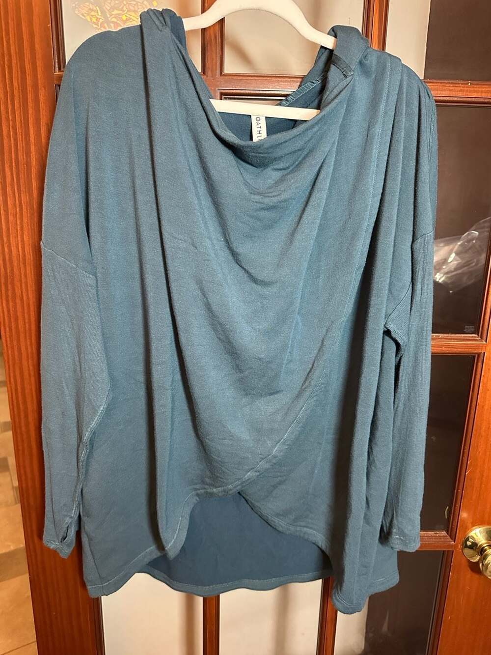 Athleta Purana Wrap Sweatshirt Size 1X Teal Blue Cowl Neck Pullover